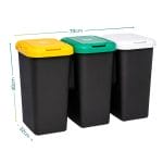 Pattumiera 75 litri a 3 scomparti con dimensioni Pattumiera a tre scomparti da 75 litri con misure 79 x 32 x 48 cm e coperchi bianco, verde e giallo