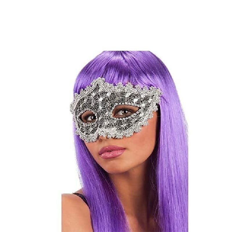Maschera veneziana sexy in pizzo argento con strass brillanti per feste e Carnevale