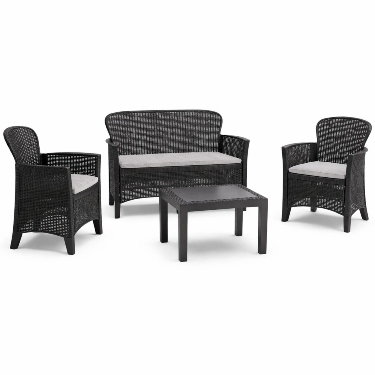 Salottino da esterno in resina effetto rattan con cuscini inclusi