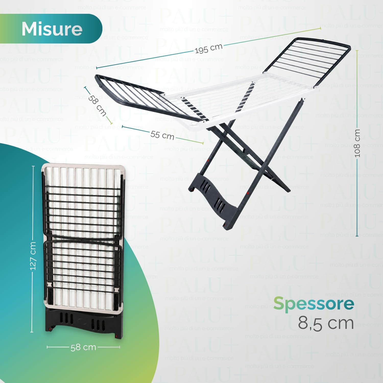 Stendibiancheria richiudibile con dimensioni 194x58x108 cm Stendibiancheria richiudibile in resina con misure aperto e chiuso, ali laterali e struttura salvaspazio