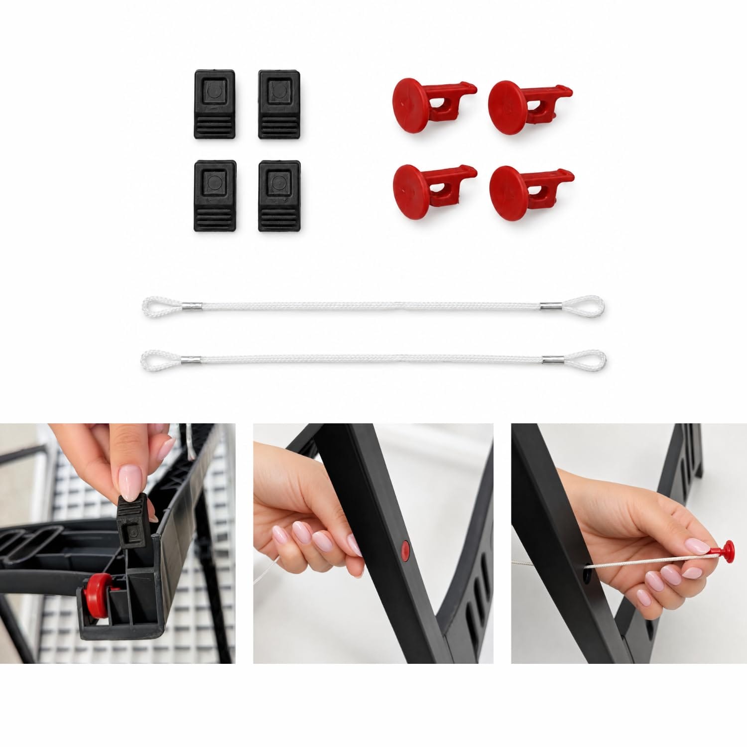 Kit accessori per stendibiancheria pieghevole Accessori per stendibiancheria con tappi, ruote e cordini di fissaggio mostrati insieme ai dettagli di montaggio