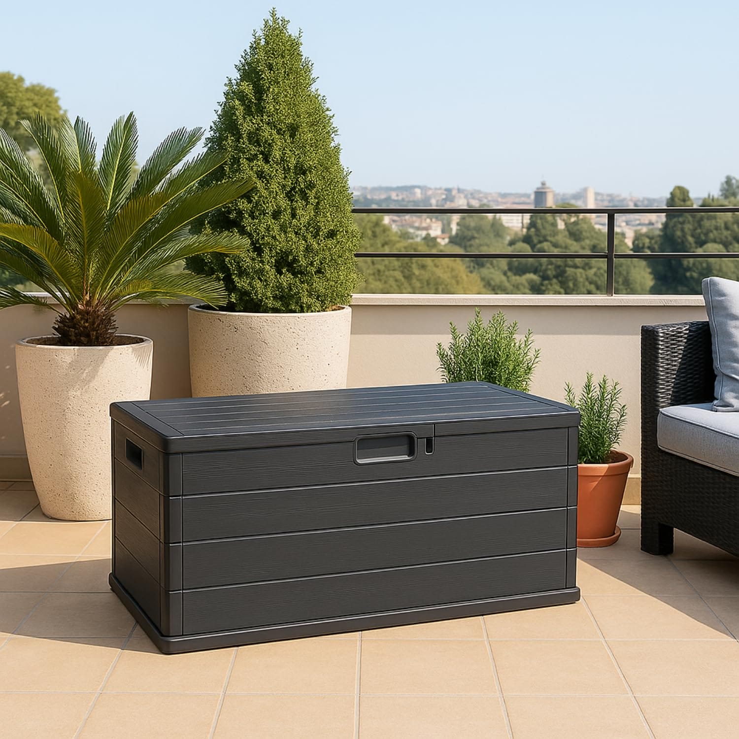 Baule da giardino antracite effetto legno da 340 litri su terrazzo, ideale per esterni e arredo outdoo