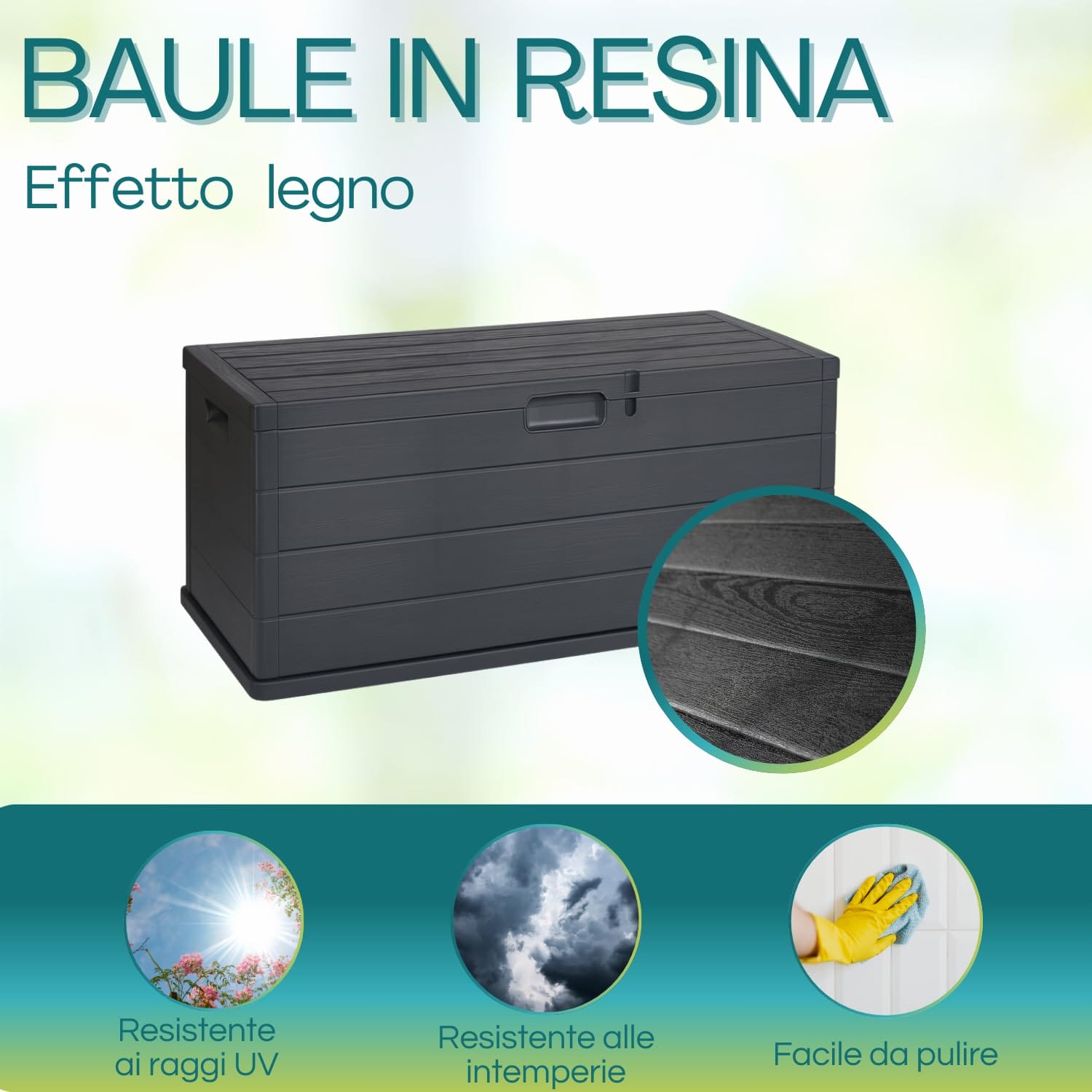 Baule in resina effetto legno antracite, resistente ai raggi UV e intemperie, facile da pulire
