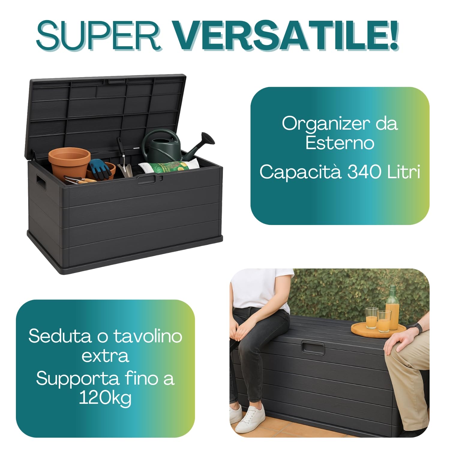 Baule da giardino antracite 340L in resina, utilizzabile come organizer, seduta o tavolino extra