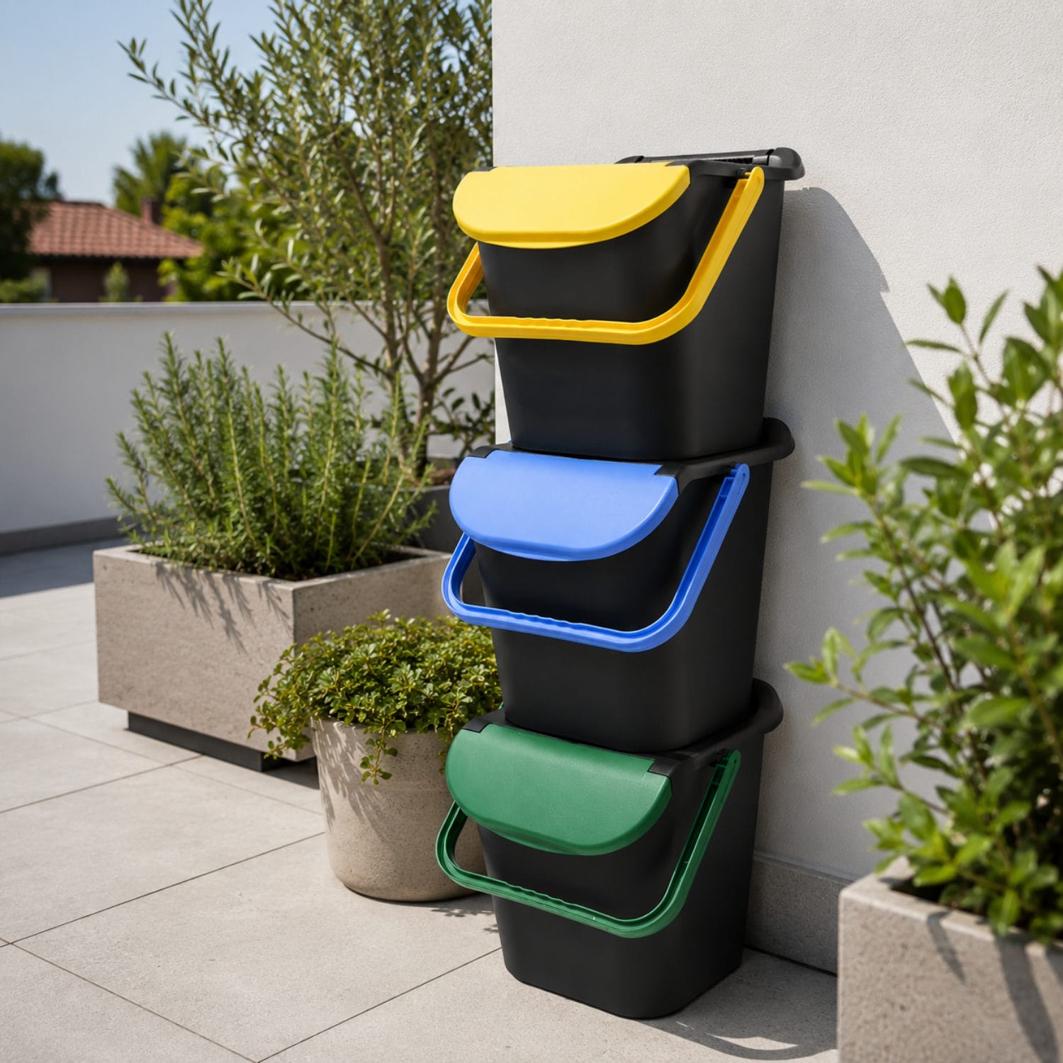 Pattumiere a Torre per Raccolta Differenziata Set 3 pattumiere impilabili per raccolta differenziata da 30 litri con coperchio colorato