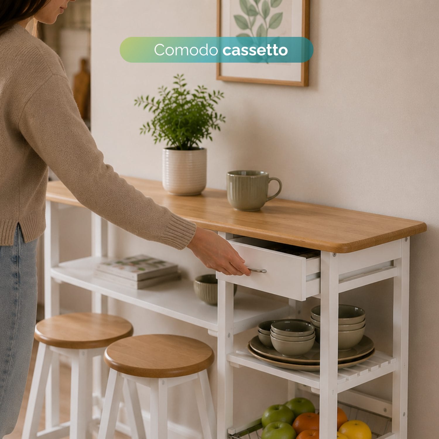 Penisola Cucina con Cassetto Integrato Tavolo penisola cucina con cassetto e ripiani salvaspazio in finitura bianco e rovere