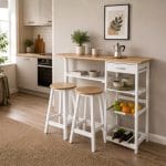 Set Penisola Cucina con 2 Sgabelli Set tavolo penisola con 2 sgabelli e portaoggetti per cucina moderna bianco e rovere