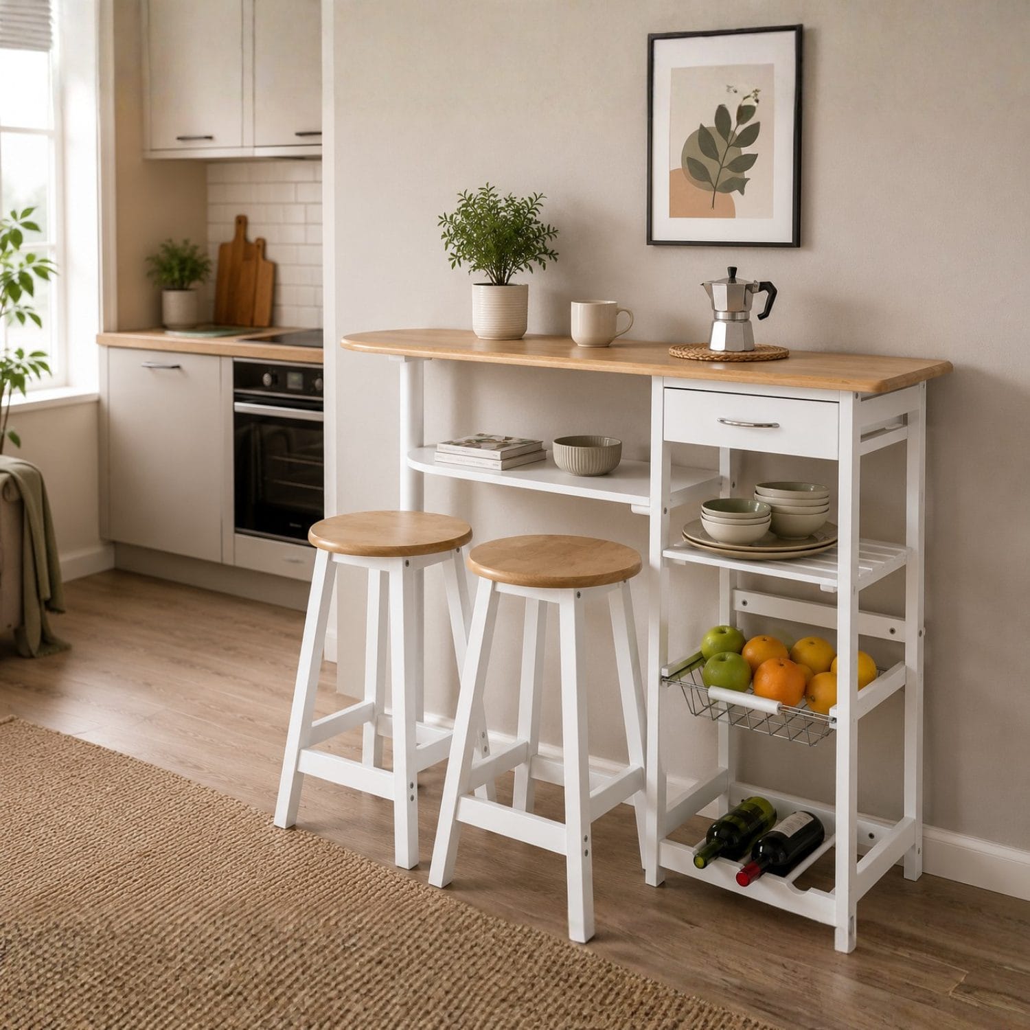 Set Penisola Cucina con 2 Sgabelli Set tavolo penisola con 2 sgabelli e portaoggetti per cucina moderna bianco e rovere