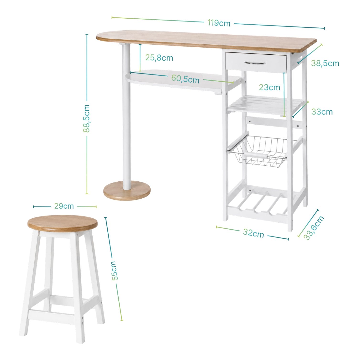 Dimensioni Tavolo Penisola con Sgabelli Tavolo penisola cucina con sgabelli dimensioni 119x38,5x88,5 cm e ripiani contenitori
