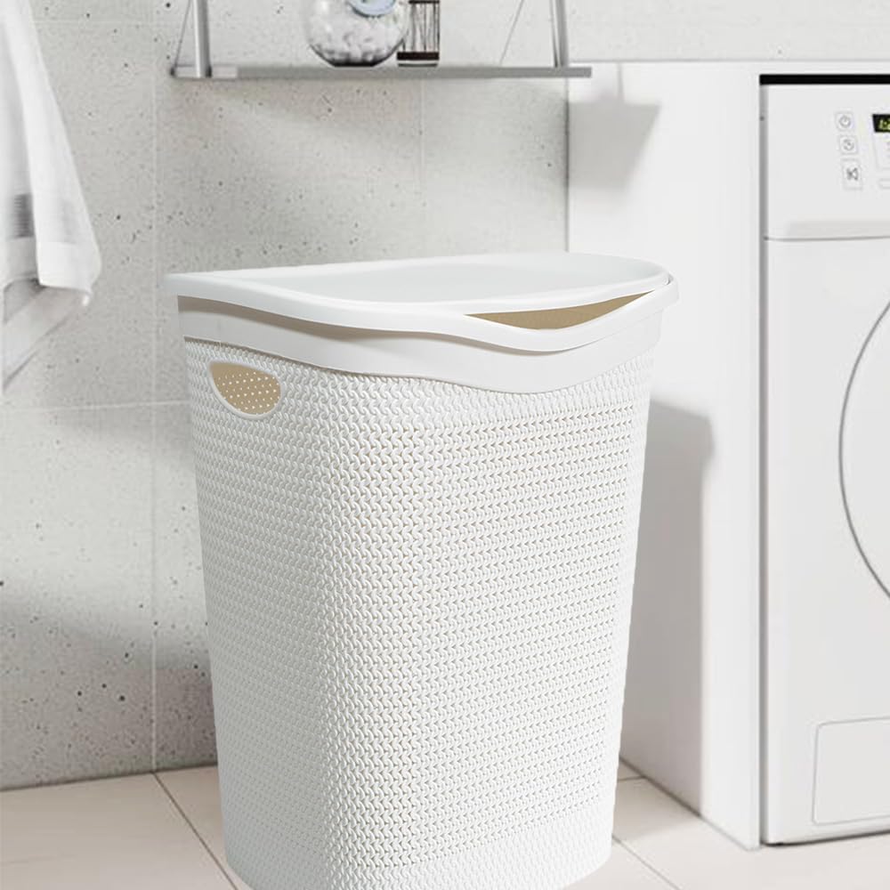 Cesto portabiancheria bianco effetto rattan 55L con coperchio per bagno o lavanderia