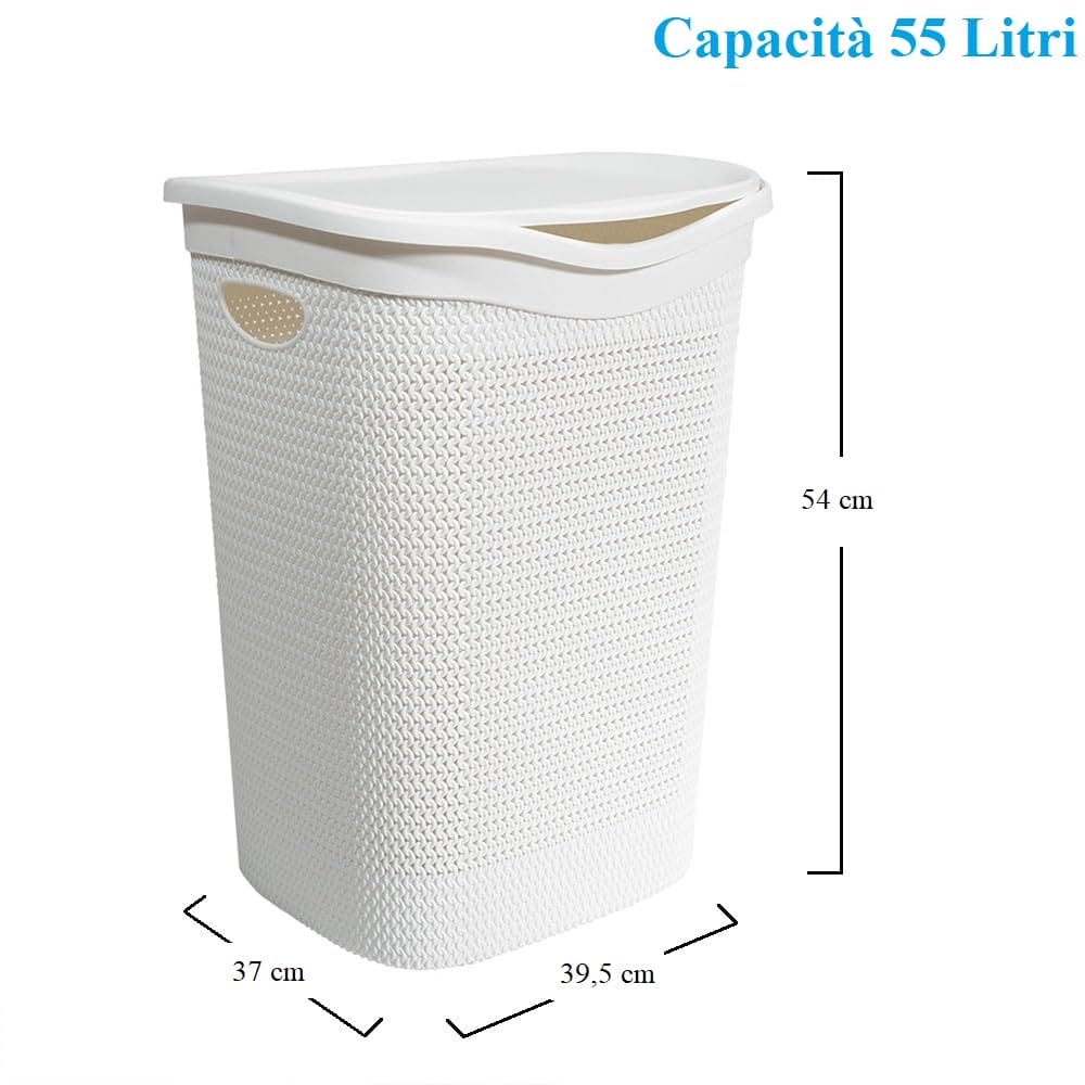 Cesto portabiancheria bianco 55L in plastica effetto rattan 39,5x37x54 cm con coperchio