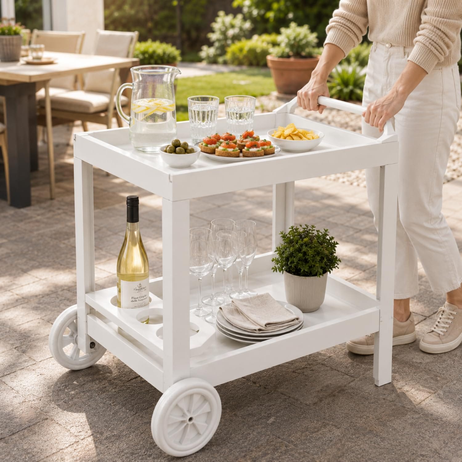 Carrello Aperitivo da Giardino Carrellino bianco da esterno con portabottiglie e ripiani per aperitivi in giardino