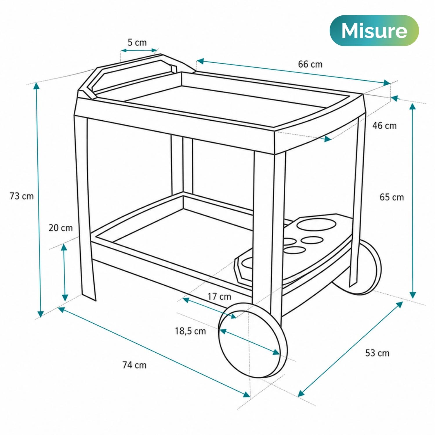 Dimensioni Carrello Portavivande Carrello portavivande da giardino con misure 53x74x73 cm, 2 ripiani e portabottiglie integrato