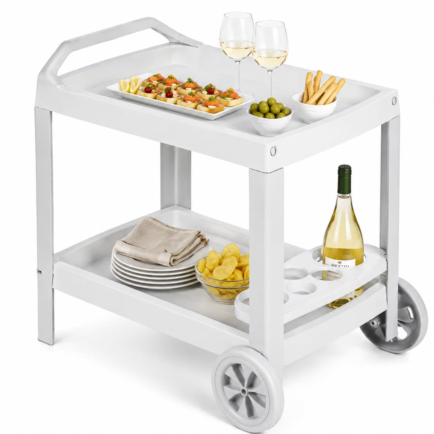 Carrello Portavivande Bianco da Esterno Carrello portavivande bianco con 2 ripiani e portabottiglie per giardino e terrazza