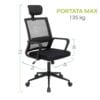 Sedia ergonomica da ufficio nera con portata massima 135 kg e misure