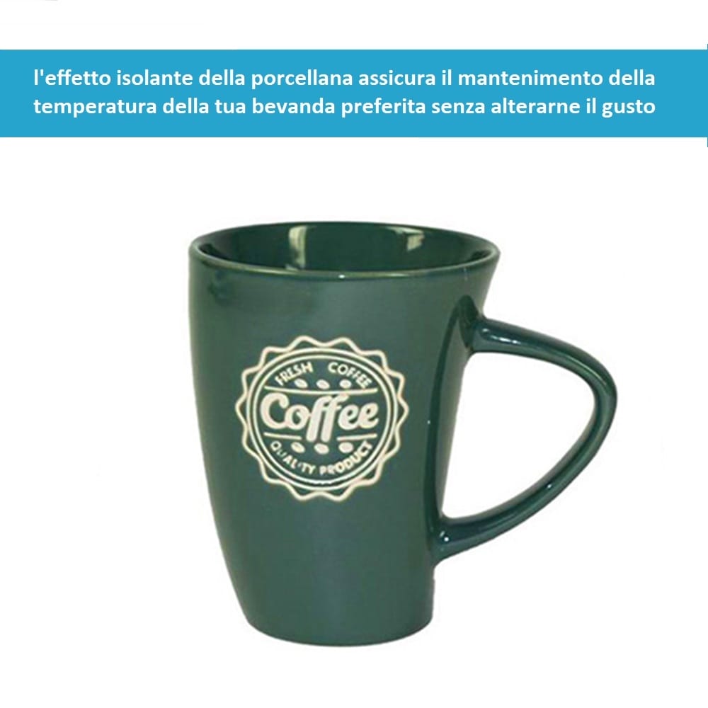 tazza in porcellana verde 350 ml con scritta coffee,