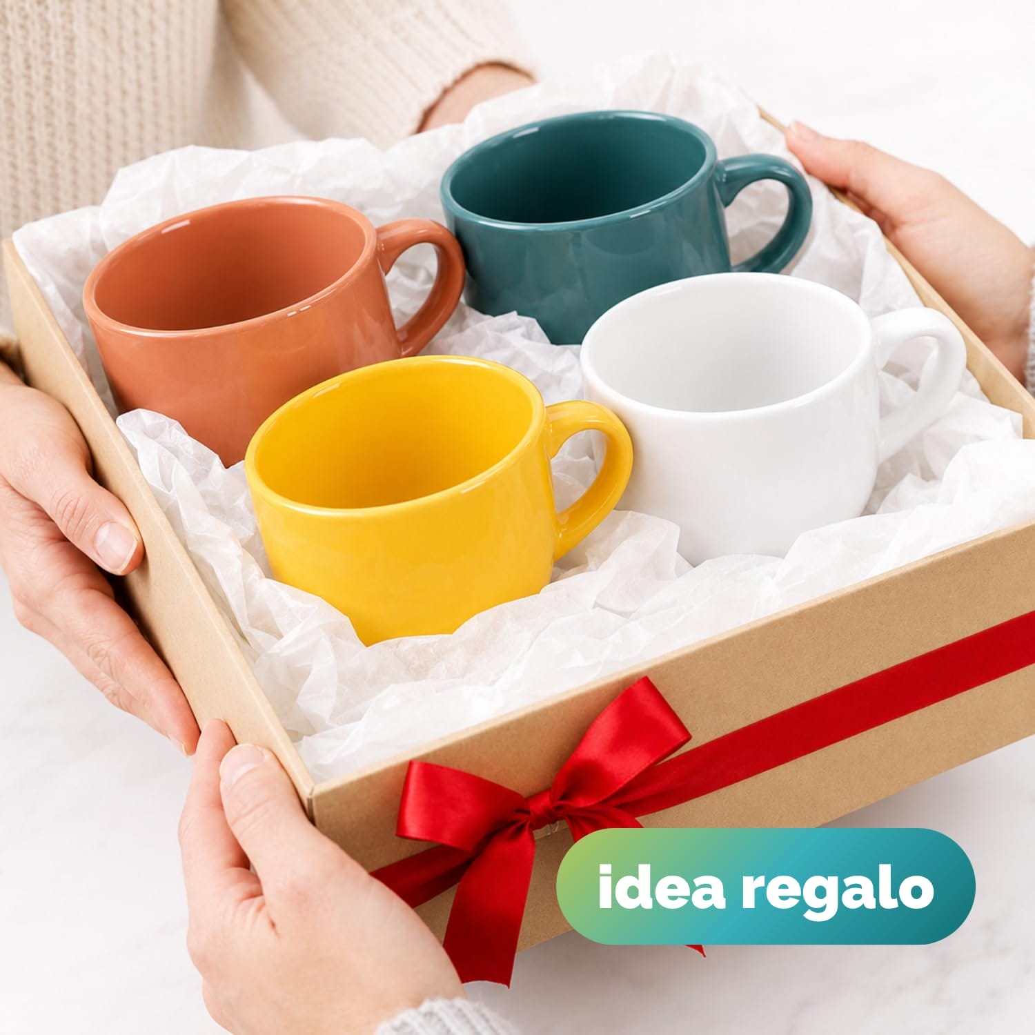 Set tazze da latte colorate idea regalo Quattro tazze da latte in porcellana colorate presentate in scatola regalo con fiocco rosso