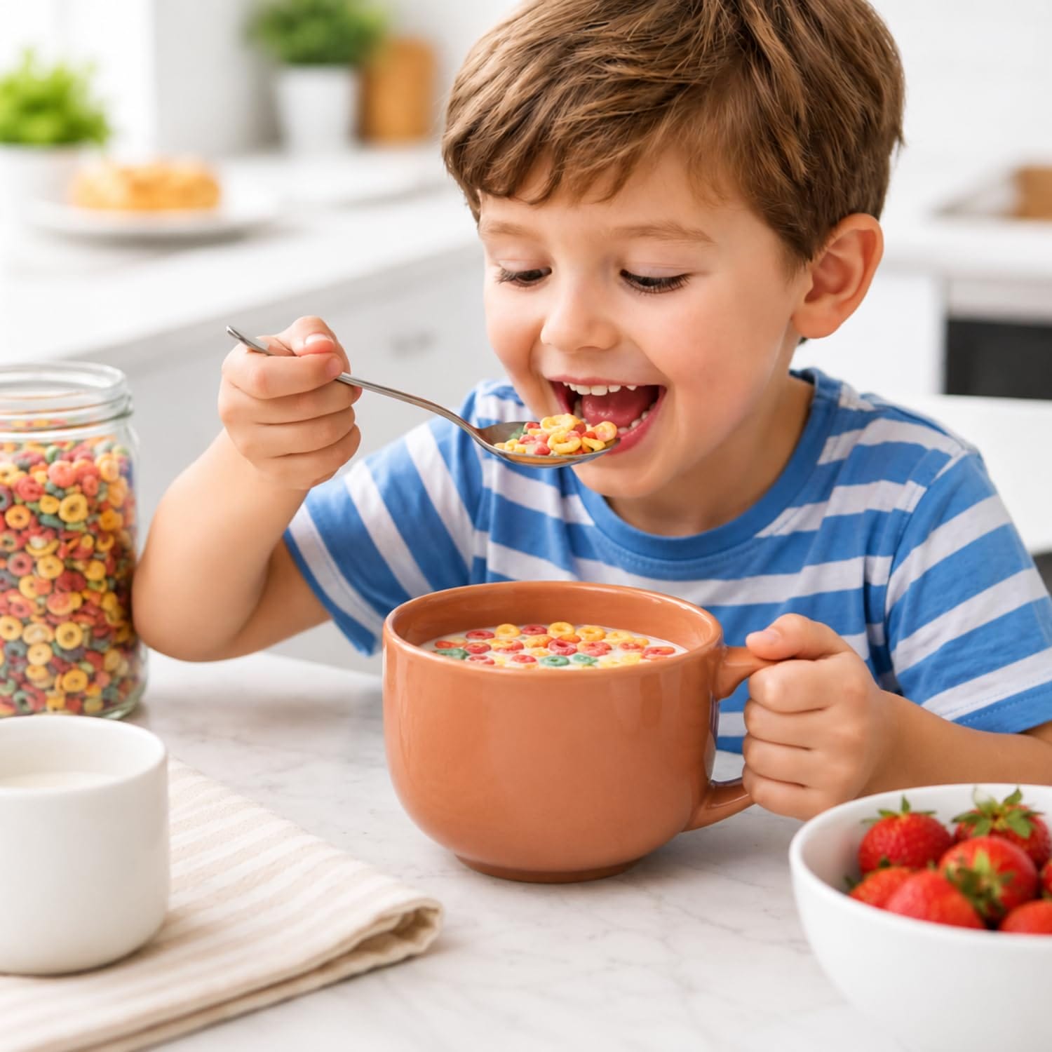 Tazza da latte 450 ml per colazione dei bambini Bambino che mangia cereali da una tazza da latte in porcellana color terracotta con manico ampio