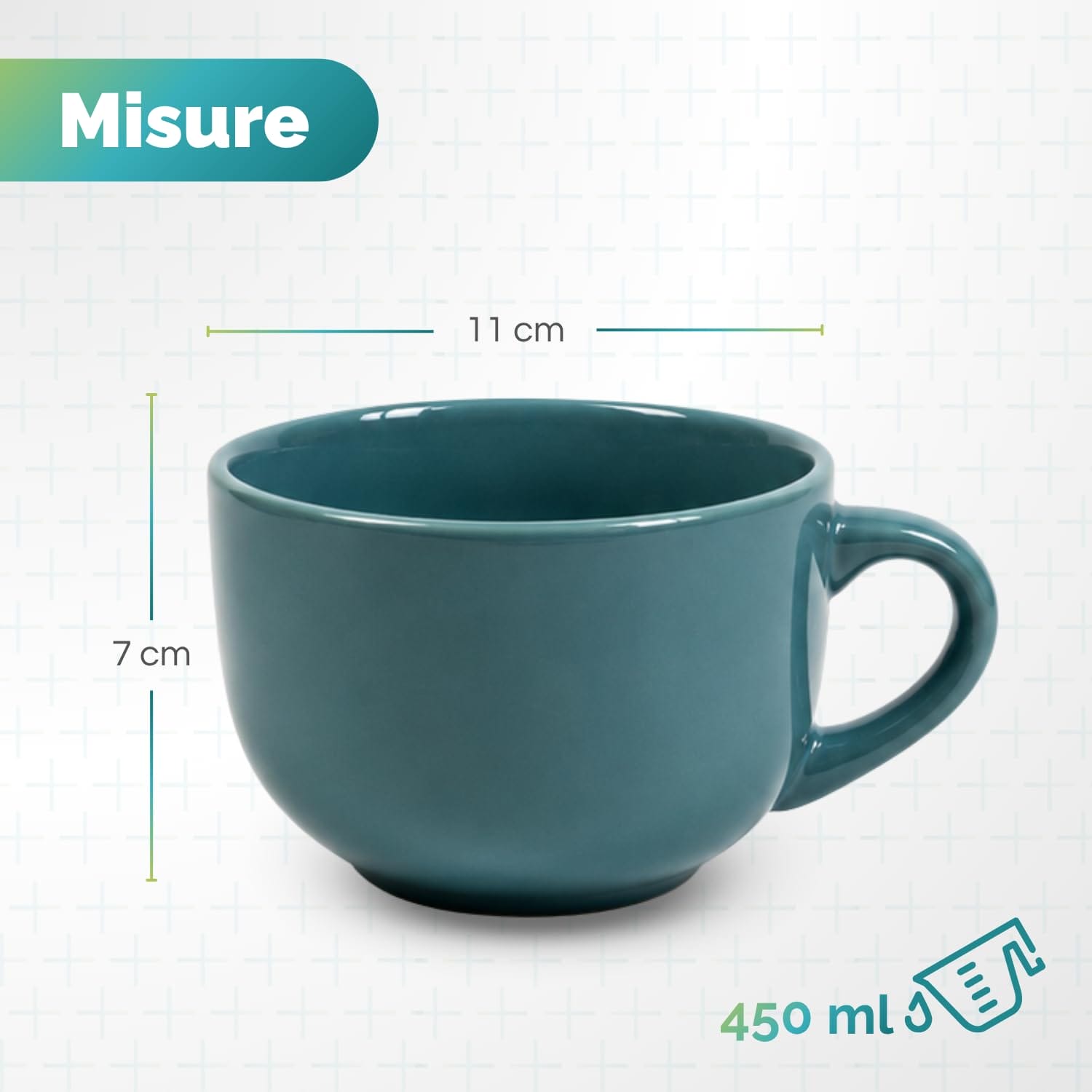 Tazza da latte 450 ml blu con misure Tazza da latte blu in porcellana da 450 ml con altezza 7 cm e diametro superiore 11 cm
