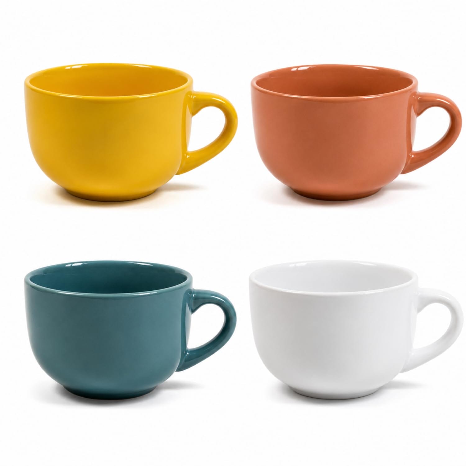Set 4 tazze da latte in porcellana colorate Set di quattro tazze da latte in porcellana nei colori giallo, terracotta, blu petrolio e bianco