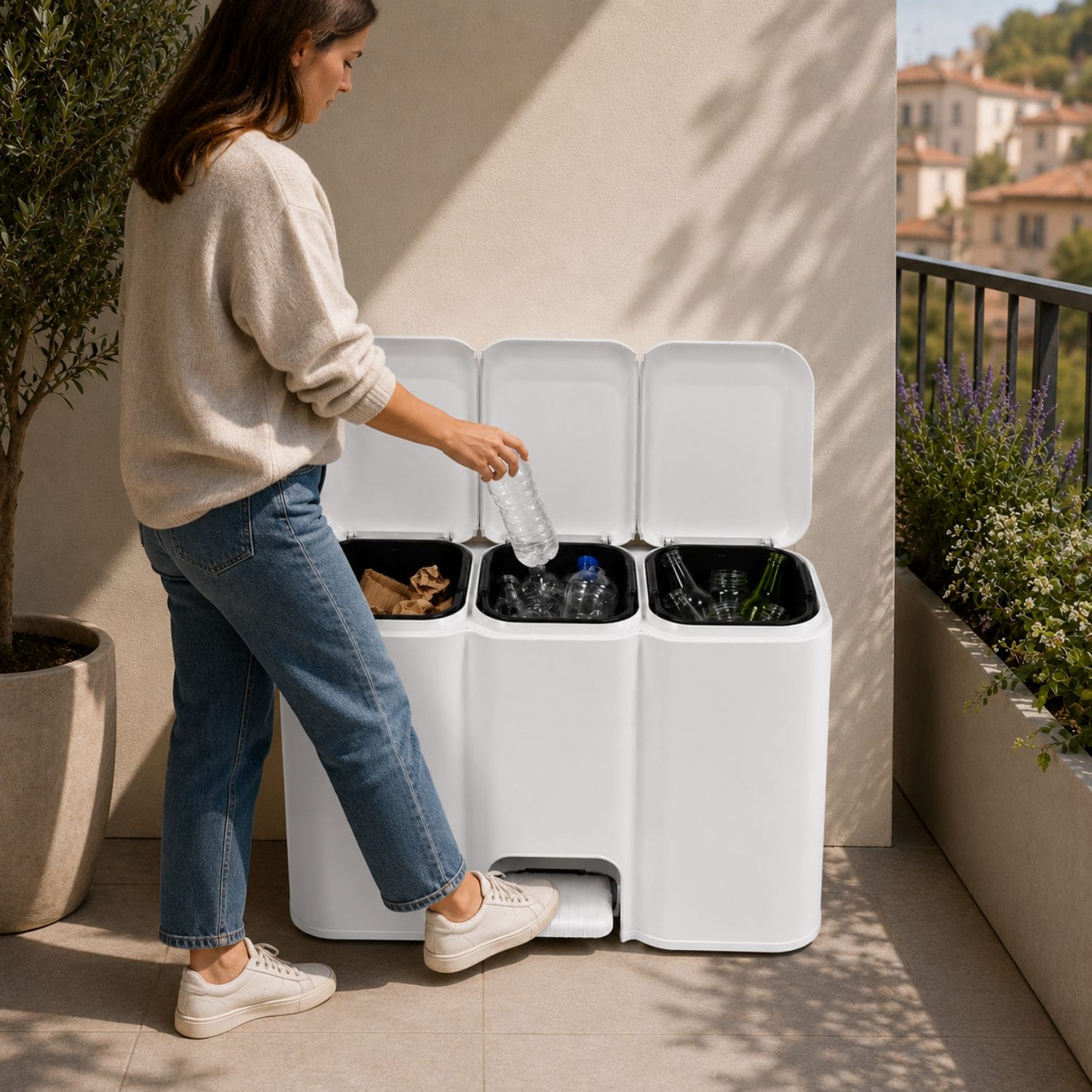 Pattumiera differenziata a pedale per balcone Donna che inserisce una bottiglia nella pattumiera differenziata bianca a tre scomparti usando il pedale