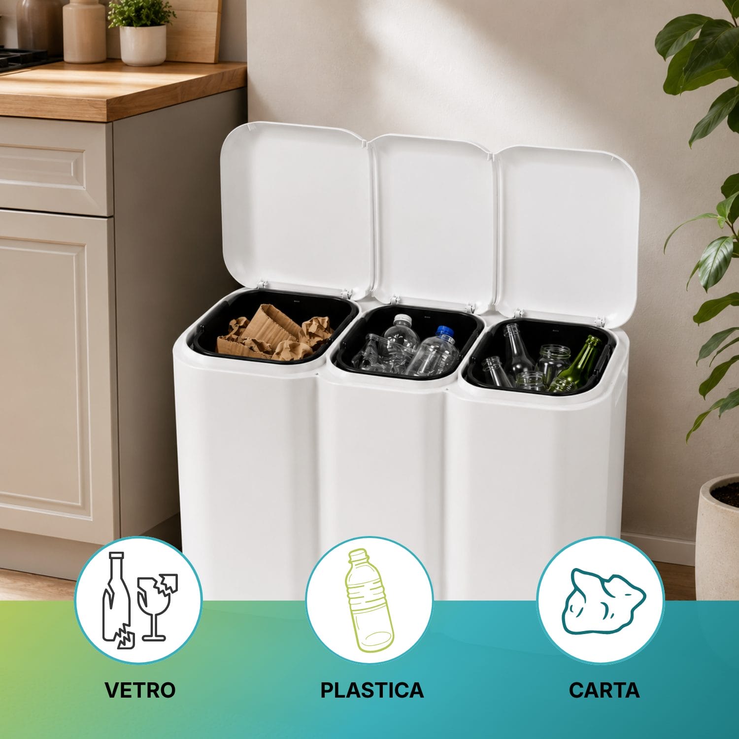 Pattumiera raccolta differenziata per vetro plastica carta Pattumiera differenziata bianca con tre vani dedicati a vetro, plastica e carta in ambiente domestico