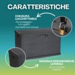 Baule da giardino 170L antracite con chiusura lucchettabile e maniglie laterali ergonomiche