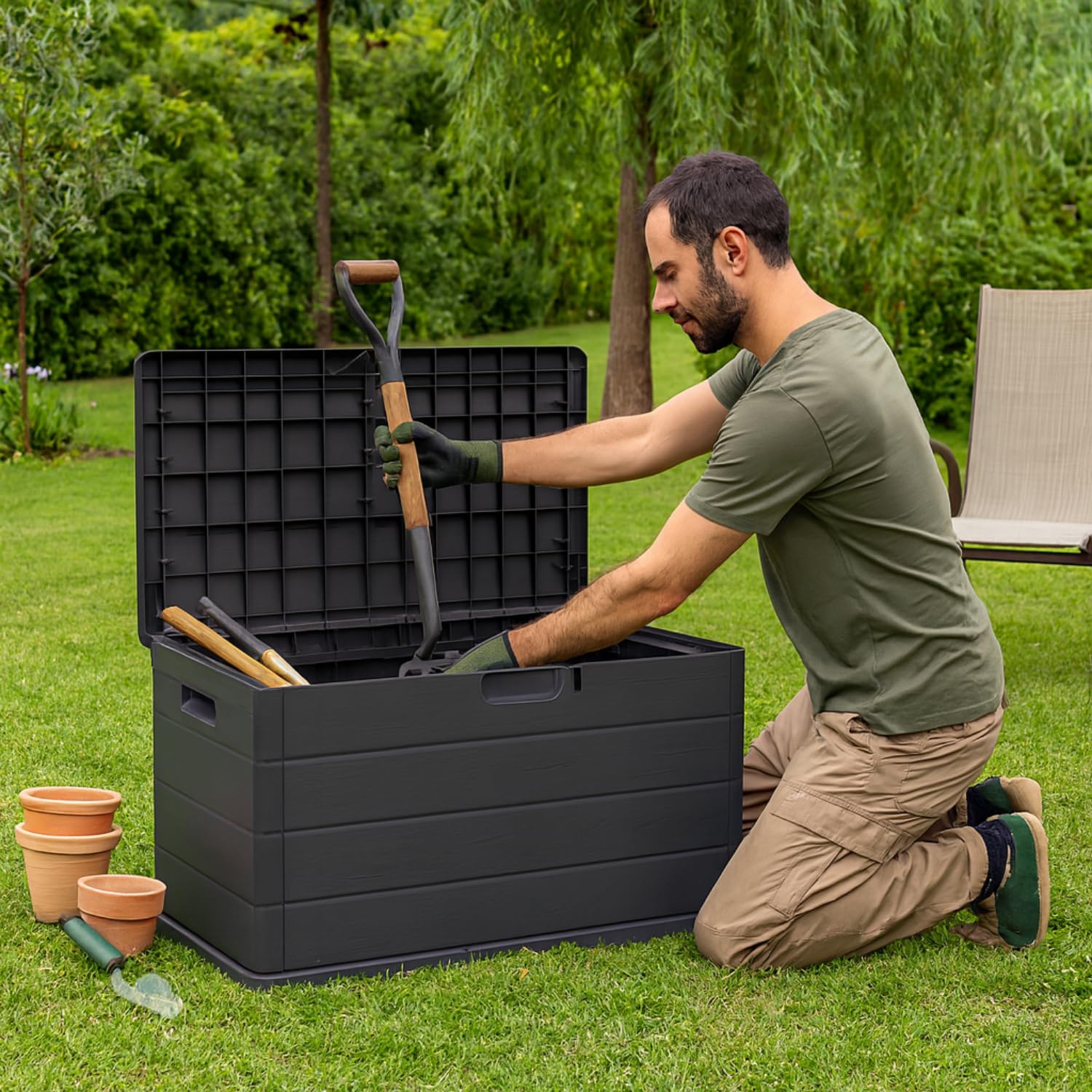 Uomo che ripone attrezzi da giardinaggio in baule da esterno 170L antracite effetto legno