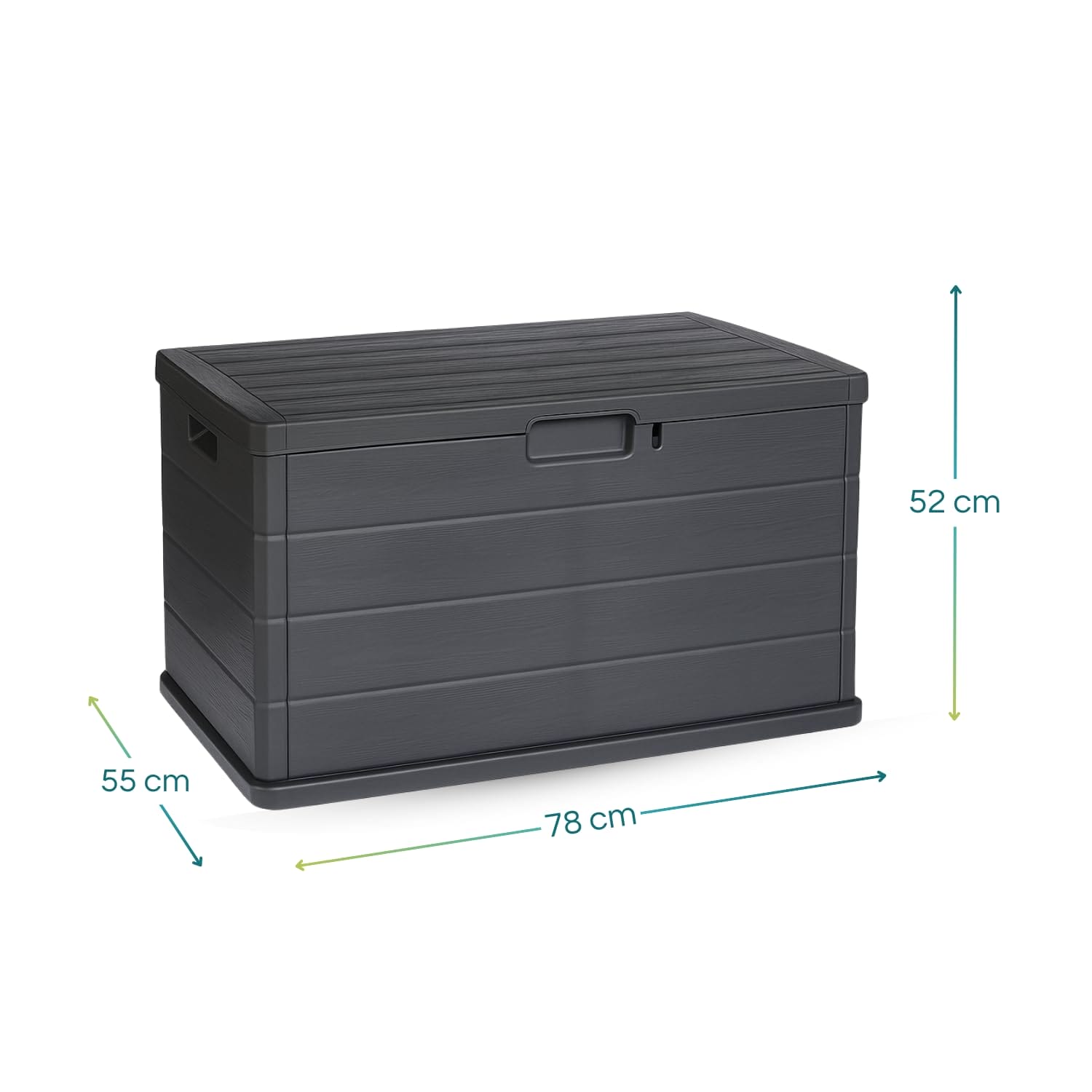 misure - baule 78x55x52 Baule in resina antracite 170L effetto legno con misure 78x55x52 cm per esterno