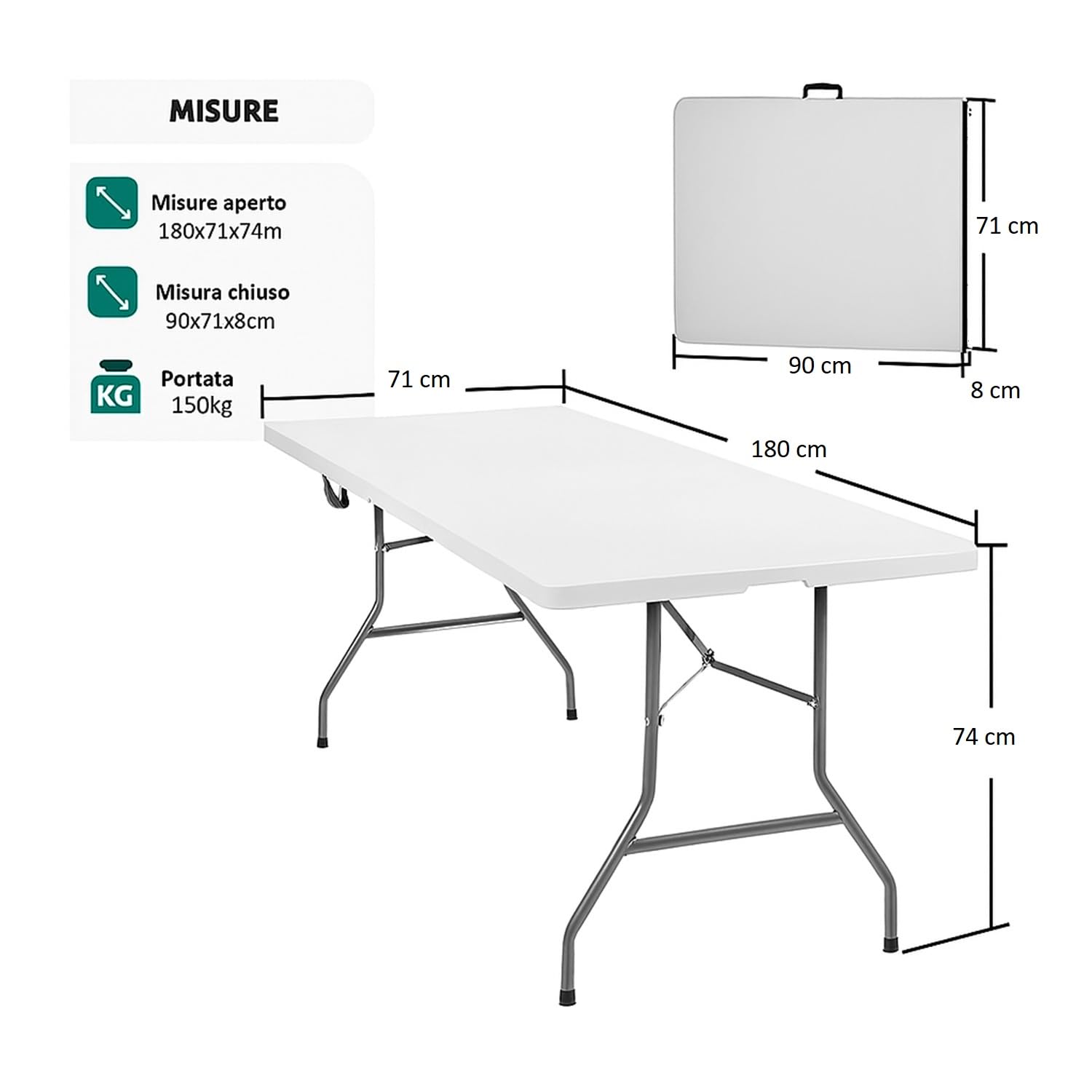 Misure tavolo catering pieghevole in plastica 180x74x74 cm con gambe in metallo richiudibili