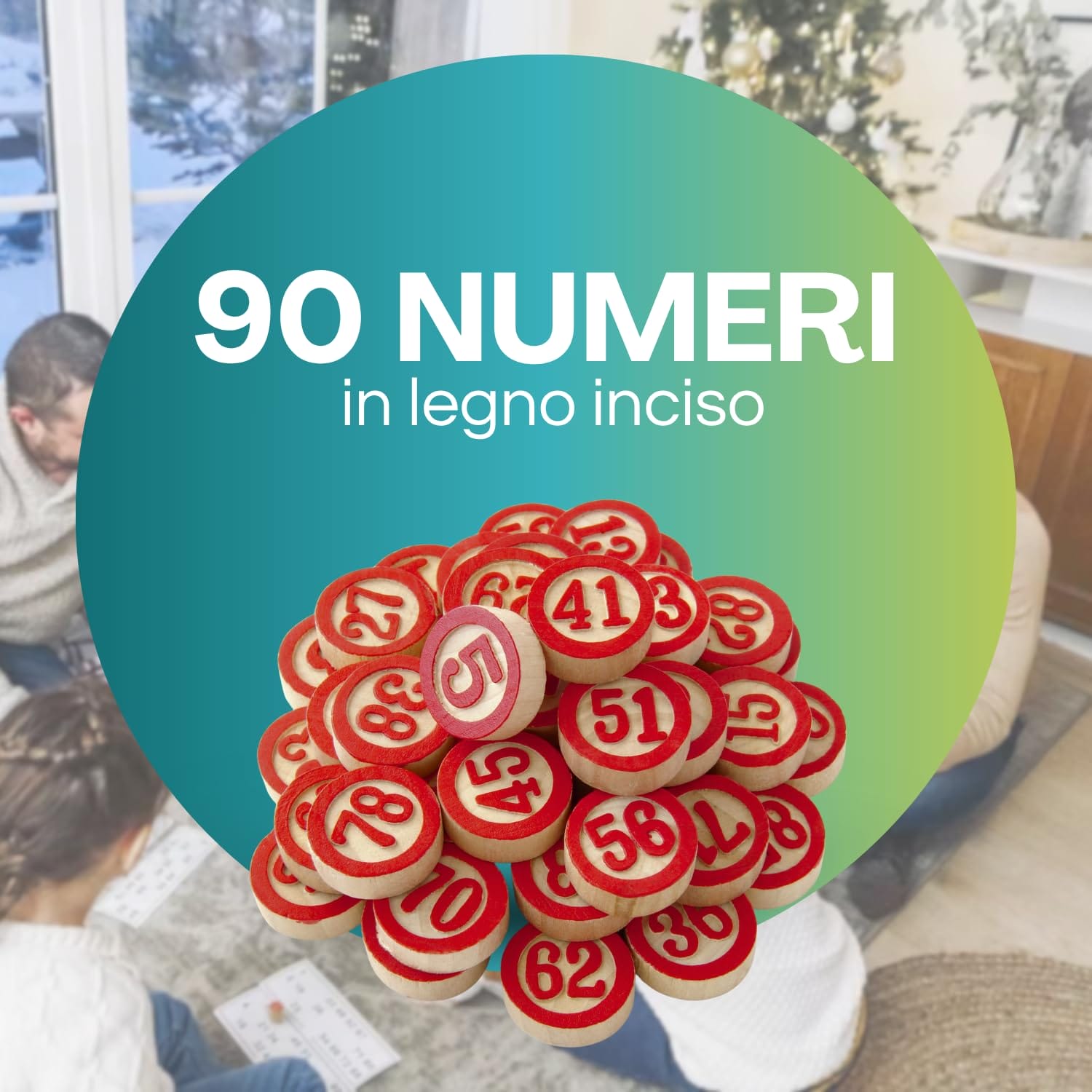 90 numeri in legno inciso con bordi rossi per la Tombola Napoletana Paluplus, ideali per uso familiare e tradizionale.