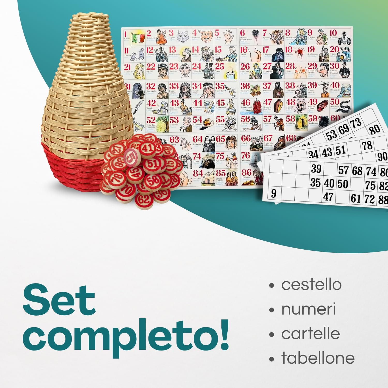 Set completo Tombola Napoletana Paluplus con cestello in vimini, 90 numeri in legno, cartelle e tabellone smorfia illustrato.