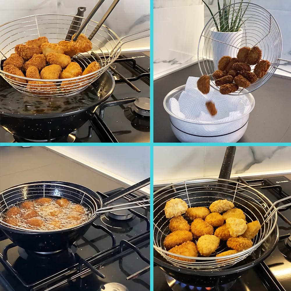 PENTOLA FRIGGITRICE 24 CM padella friggitrice nera con cestello in acciaio su fornello a gas, crocchette dorate in frittura e scolatura