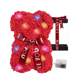 Orsetto di Rose Rosse Finte con LED da 16x17x20 cm