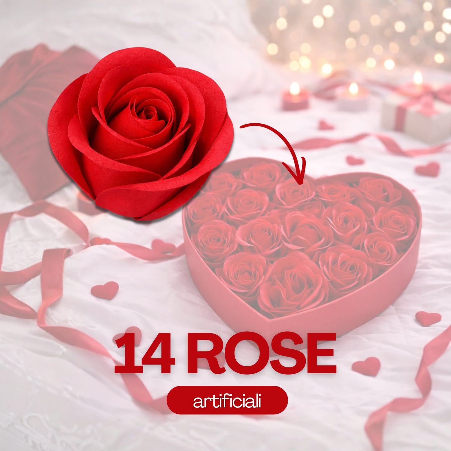 scatola a forma di cuore rose Dettaglio rose rosse artificiali effetto velluto nella scatola cuore