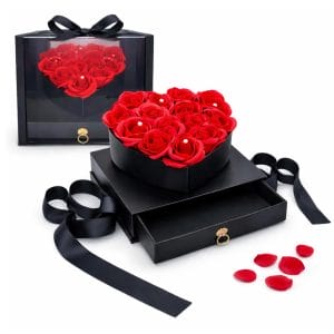 Box regalo con 14 rose finte e cassetto porta gioielli