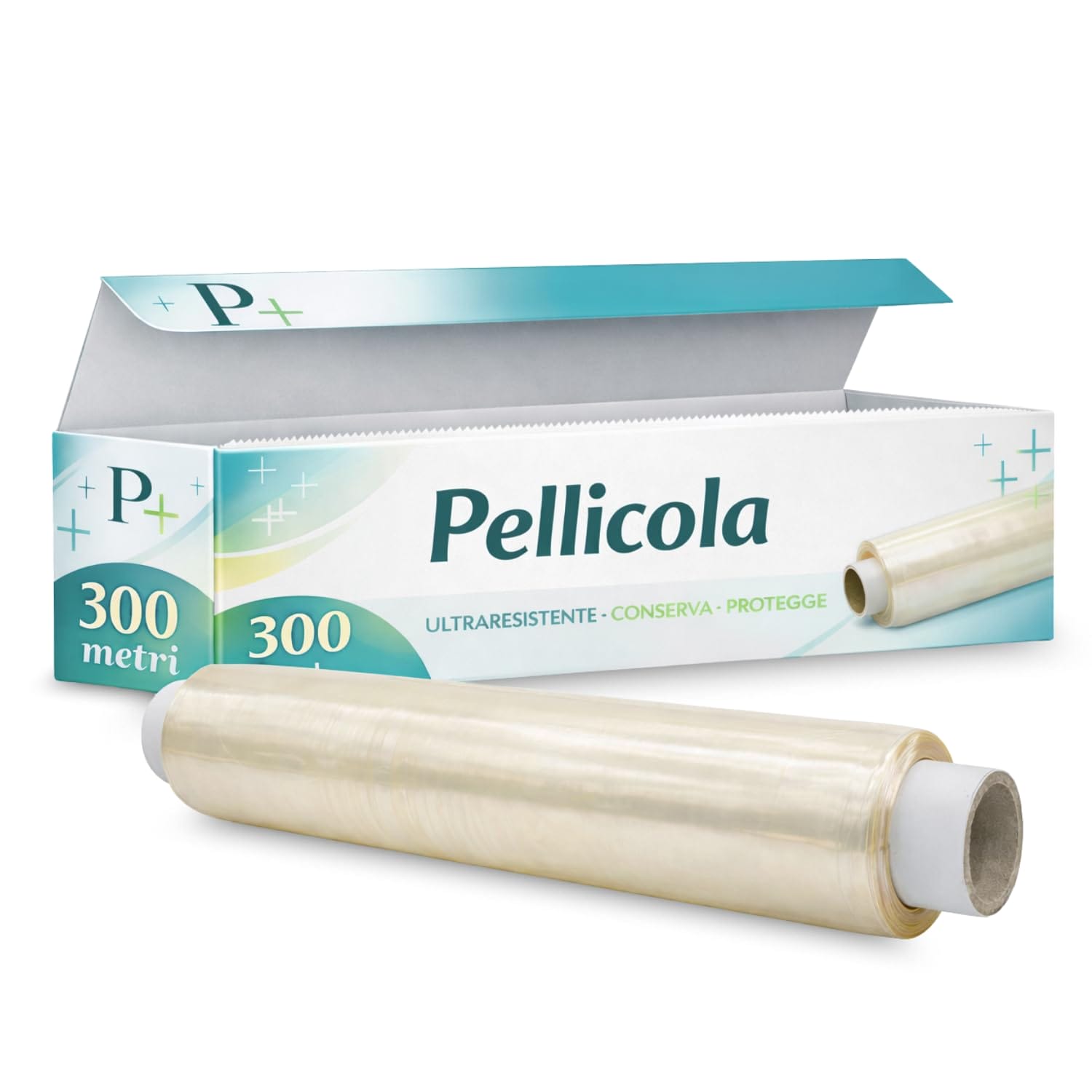 Pellicola trasparente alimenti 300 metri con scatola dispenser su sfondo bianco