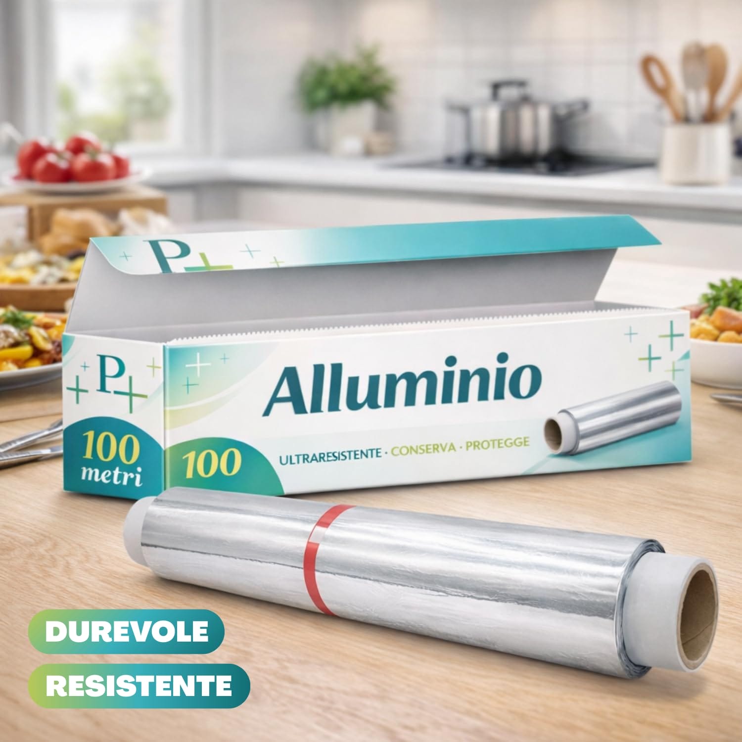 Rotolo alluminio 100 metri su tavolo cucina, resistente e ultrarapido