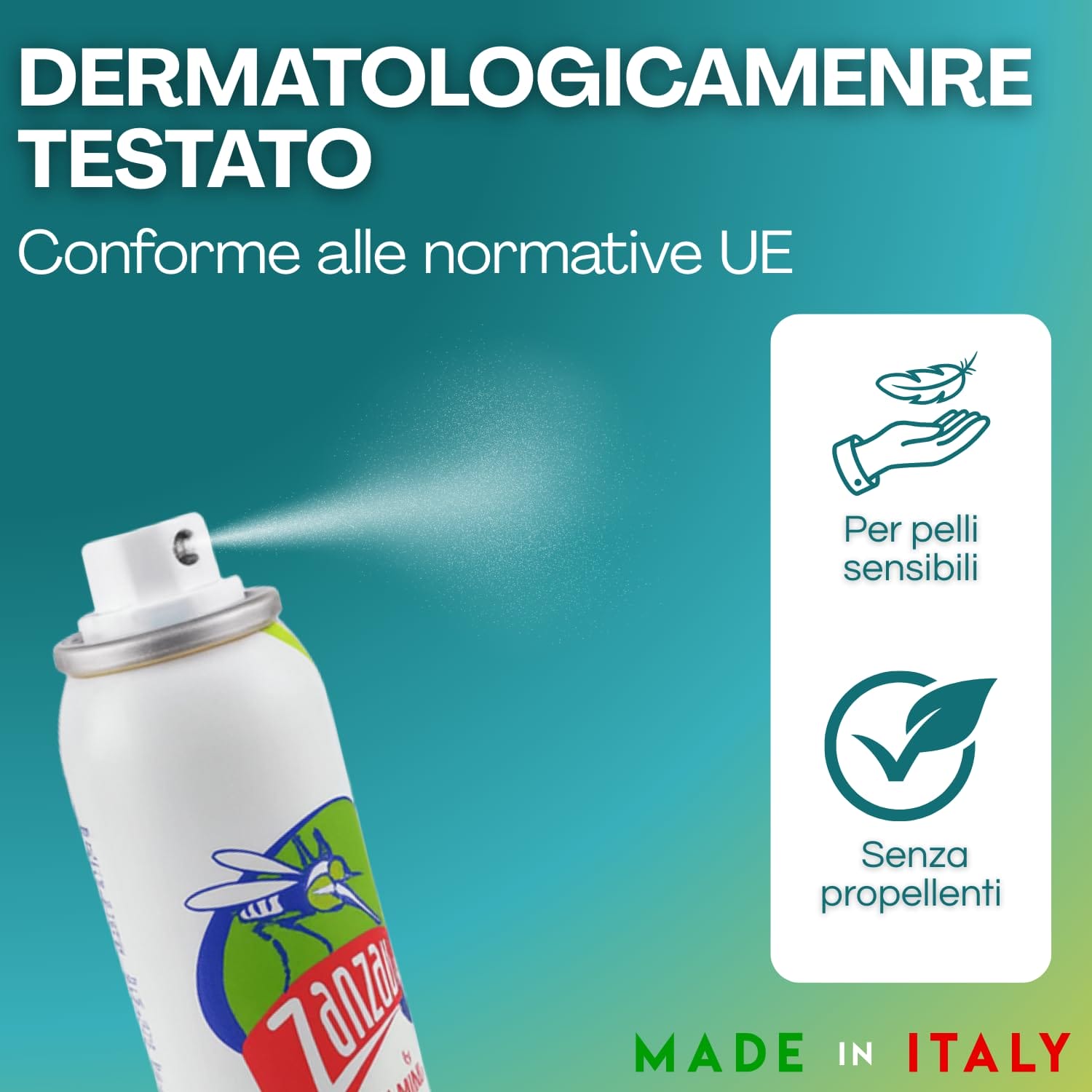 Spray repellente Zanzaux Family per pelli sensibili, senza propellenti, Made in Italy