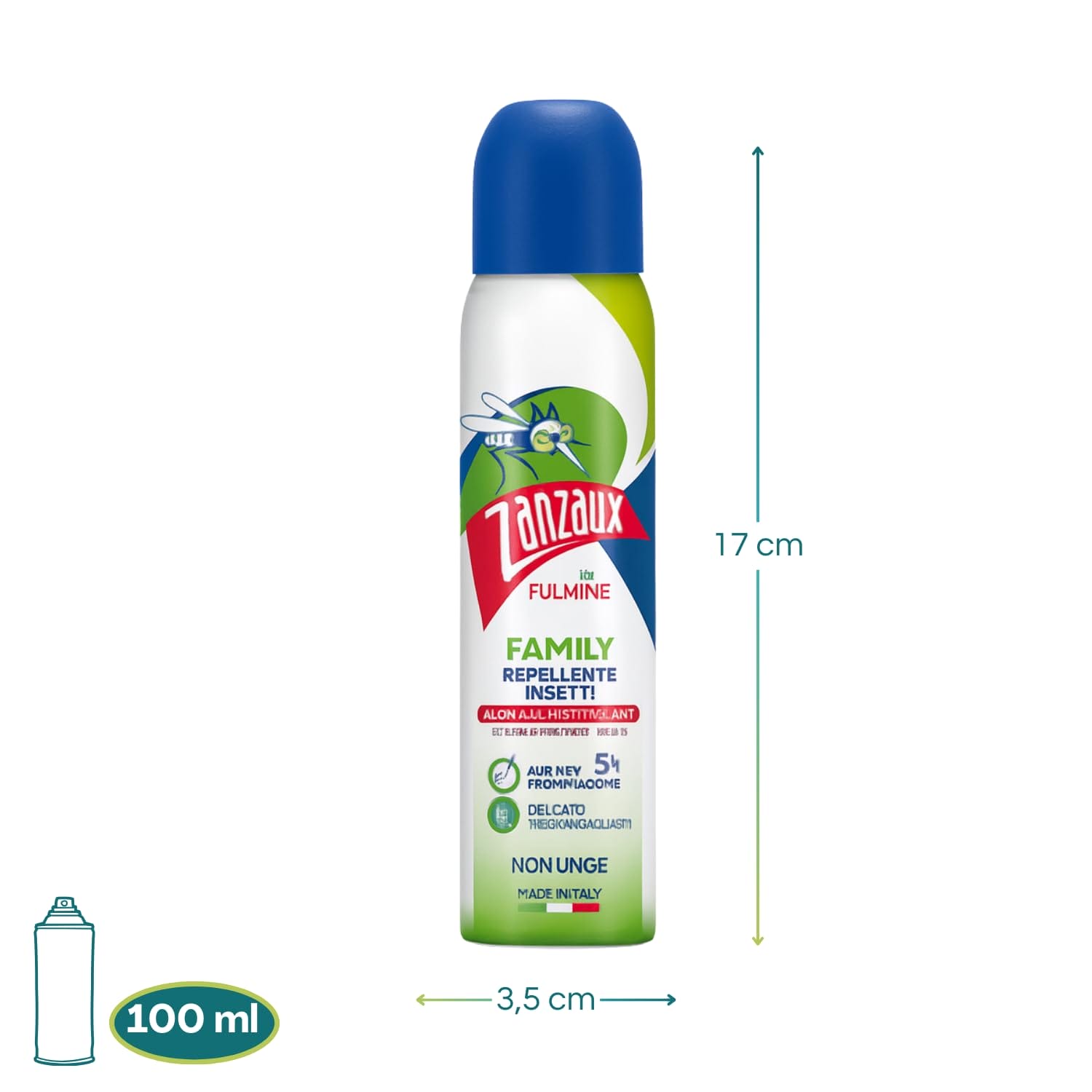 Spray repellente Zanzaux Family 100ml dimensioni 17x3,5 cm, delicato e non unge