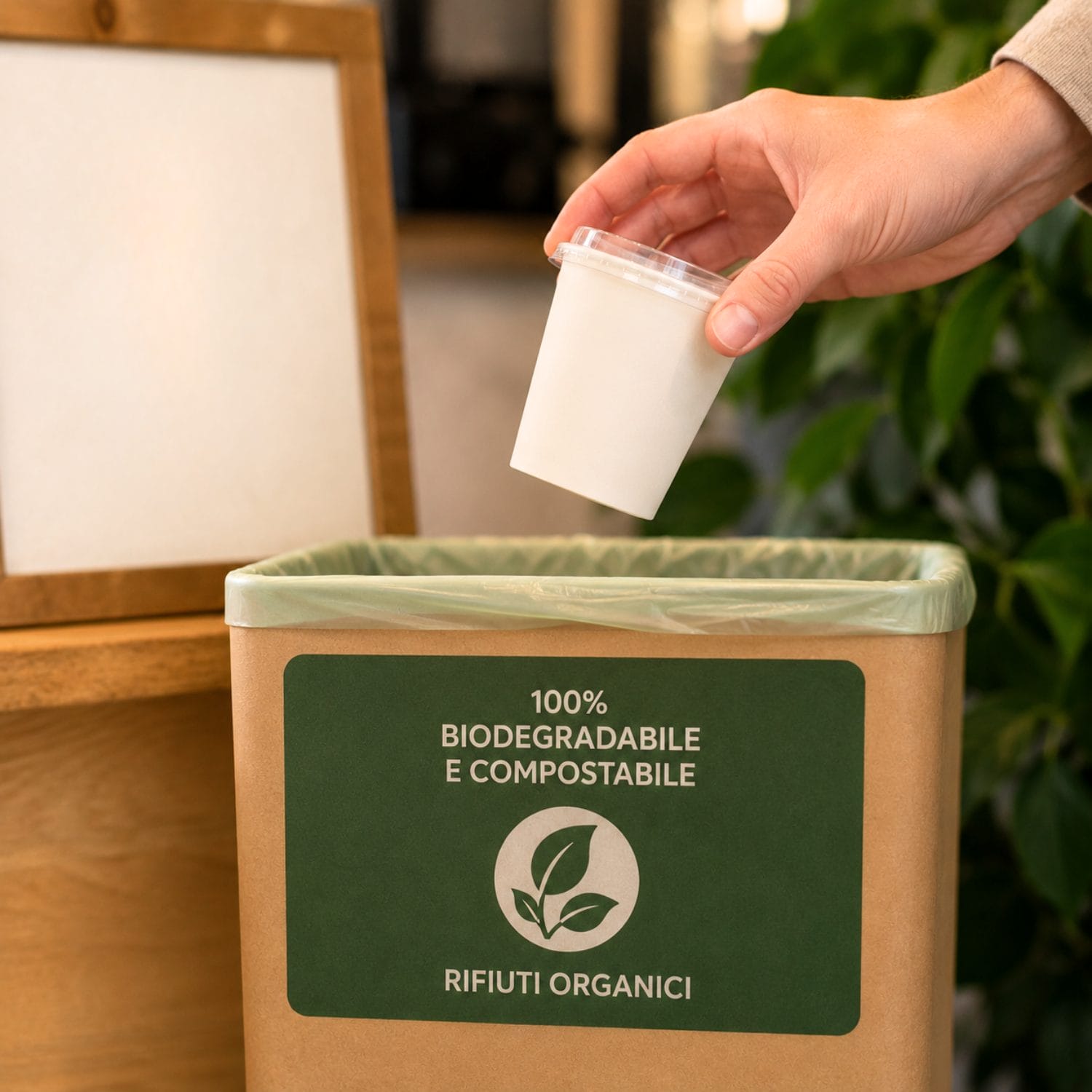 Bicchiere in carta monouso conferito nei rifiuti organici per corretto smaltimento compostabile
