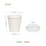 Bicchiere in carta da 80 ml con coperchio trasparente e dimensioni del prodotto Made in Italy