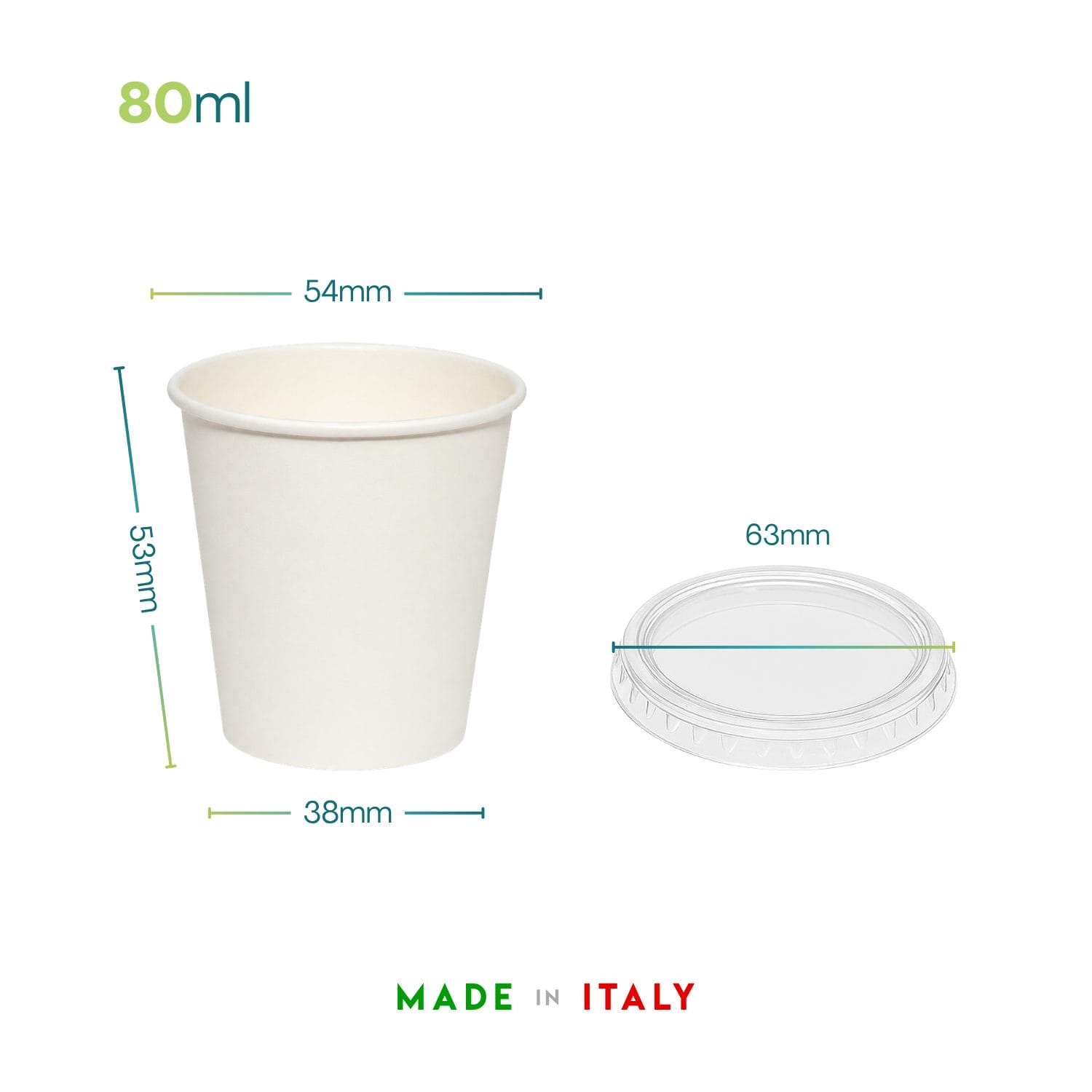 Bicchiere in carta da 80 ml con coperchio trasparente e dimensioni del prodotto Made in Italy