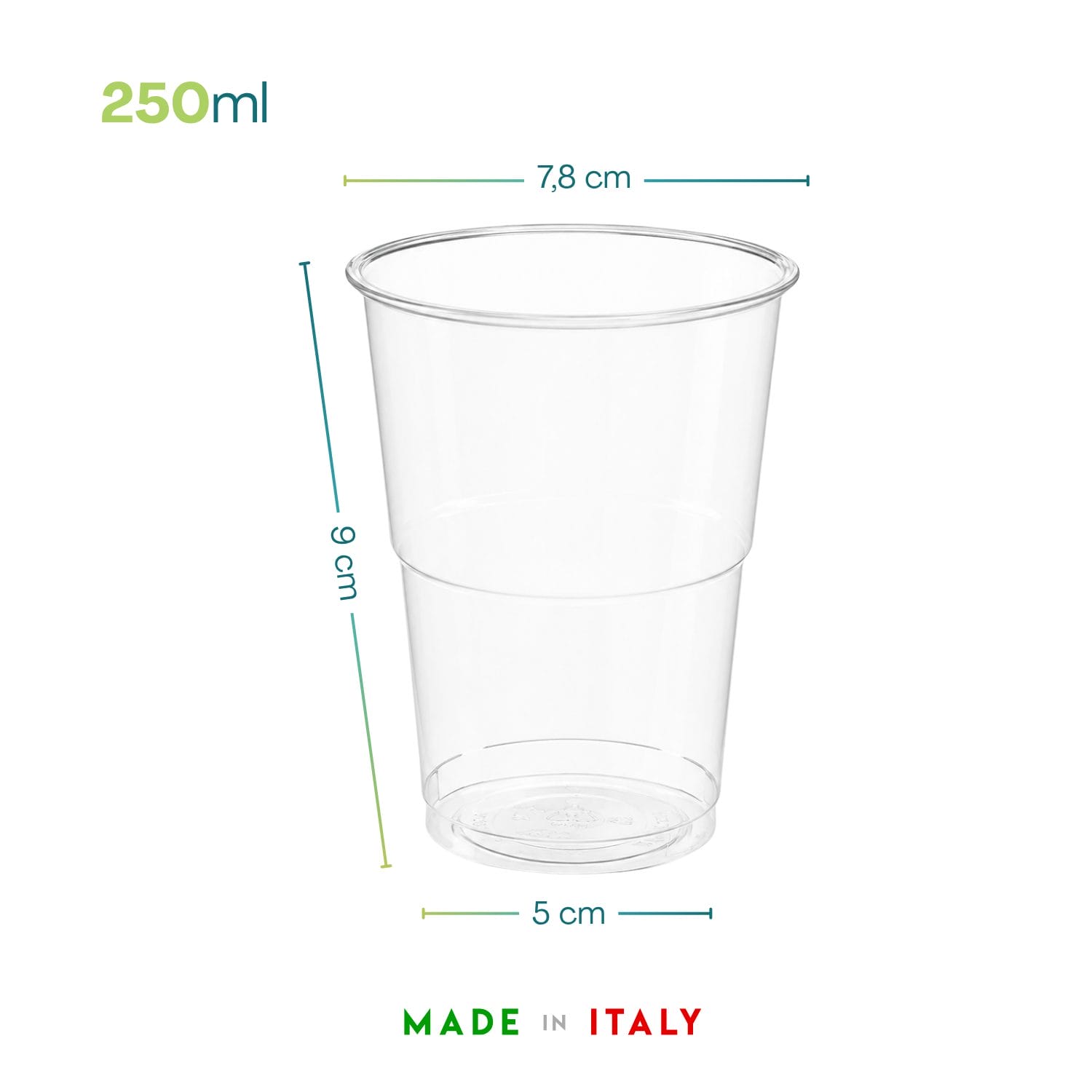 Bicchiere trasparente da 250 ml con misure e produzione Made in Italy