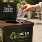 Bicchiere Kristal trasparente conferito nel contenitore per raccolta compostabile dopo l’utilizzo