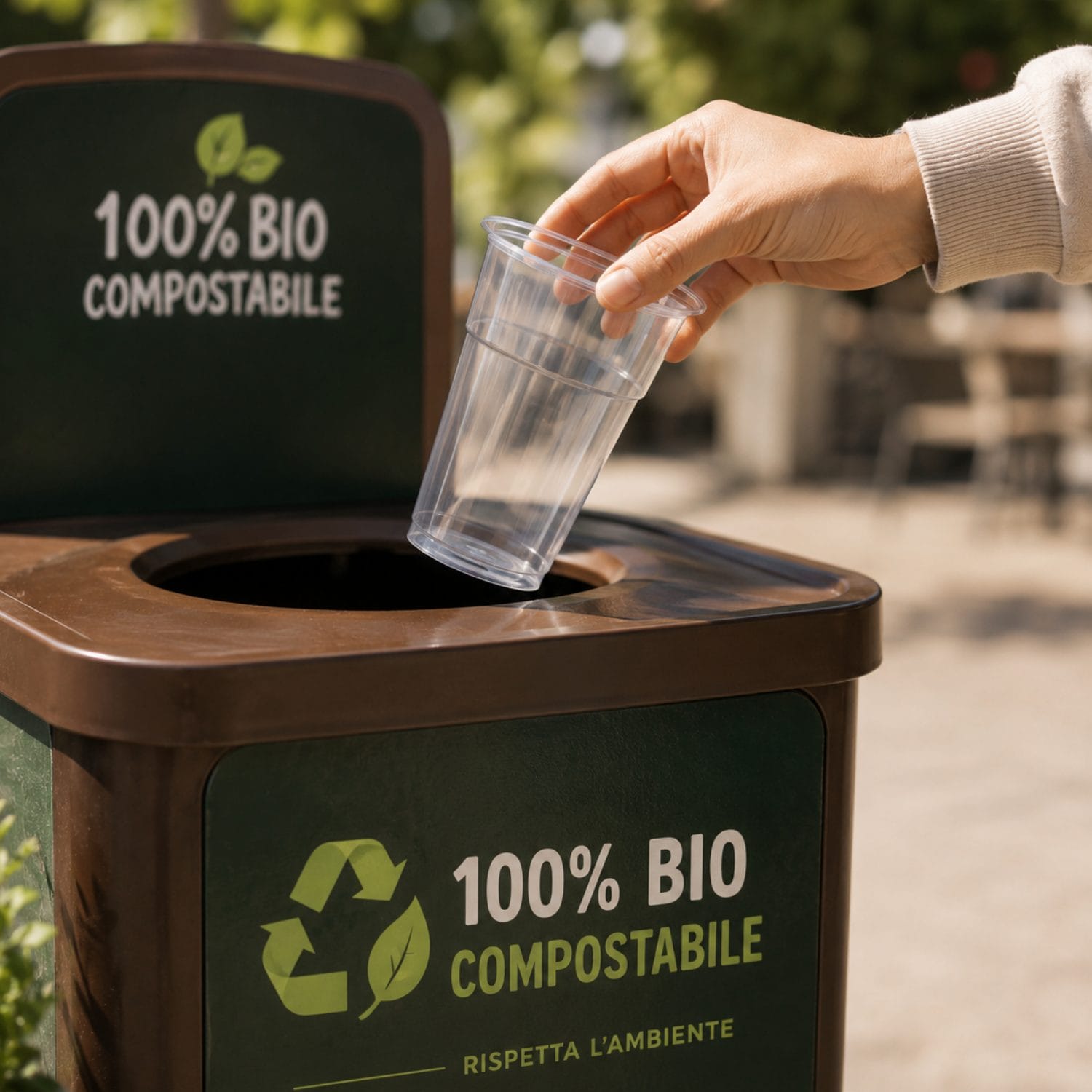 Bicchiere Kristal trasparente conferito nel contenitore per raccolta compostabile dopo l’utilizzo