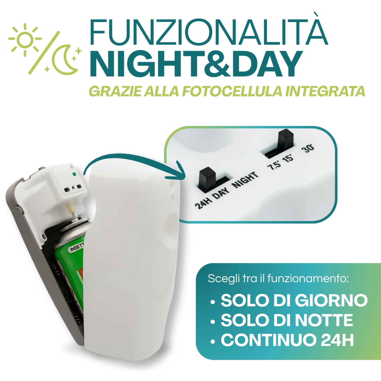 Diffusore PIR.ECO SOL con fotocellula e modalità giorno, notte o continua