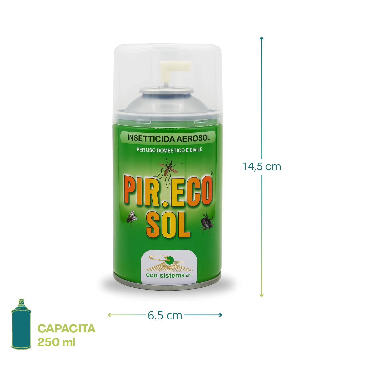 Bomboletta insetticida PIR.ECO SOL da 250 ml, alta 14,5 cm e larga 6,5 cm