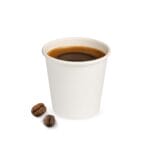 Bicchierino caffè in cartoncino bianco biodegradabile con chicchi di caffè accanto