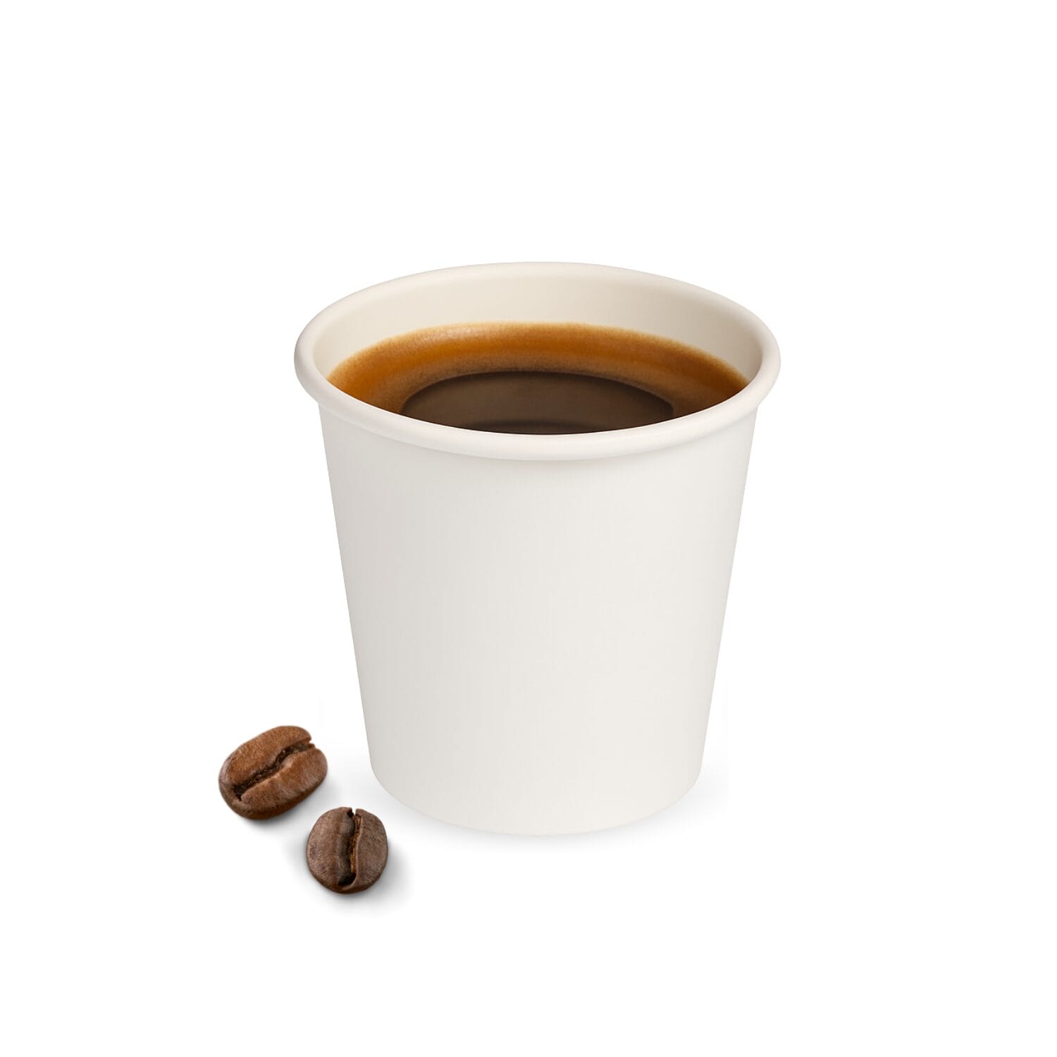 Bicchierino caffè in cartoncino bianco biodegradabile con chicchi di caffè accanto